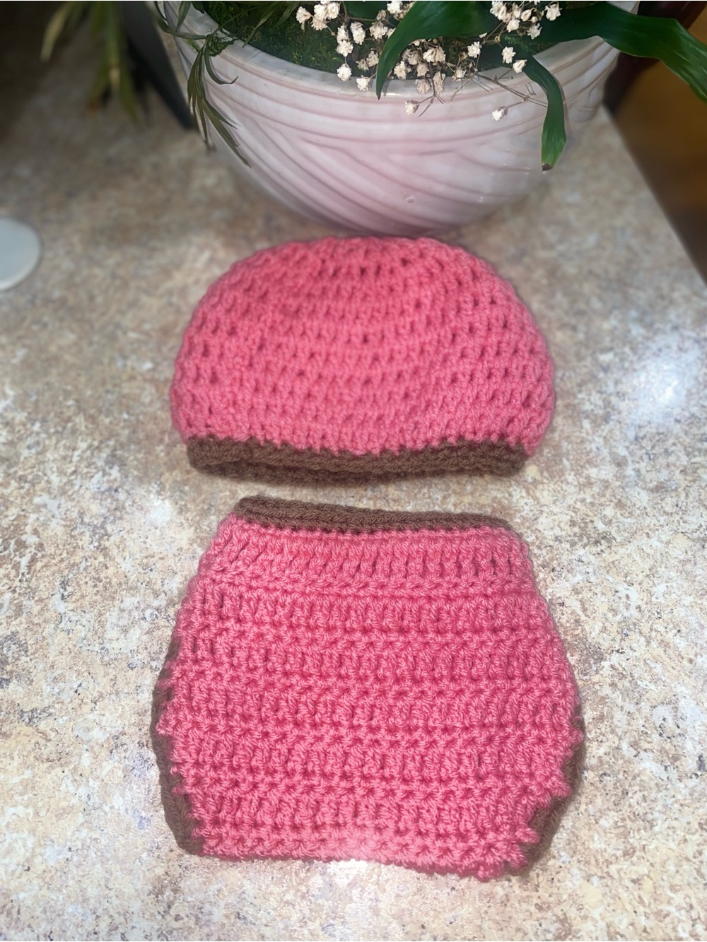 Handmade Pink Crochet Diaper Cover Set with Brown Trim and Beautiful Brown Bow - Picture 3 of 6